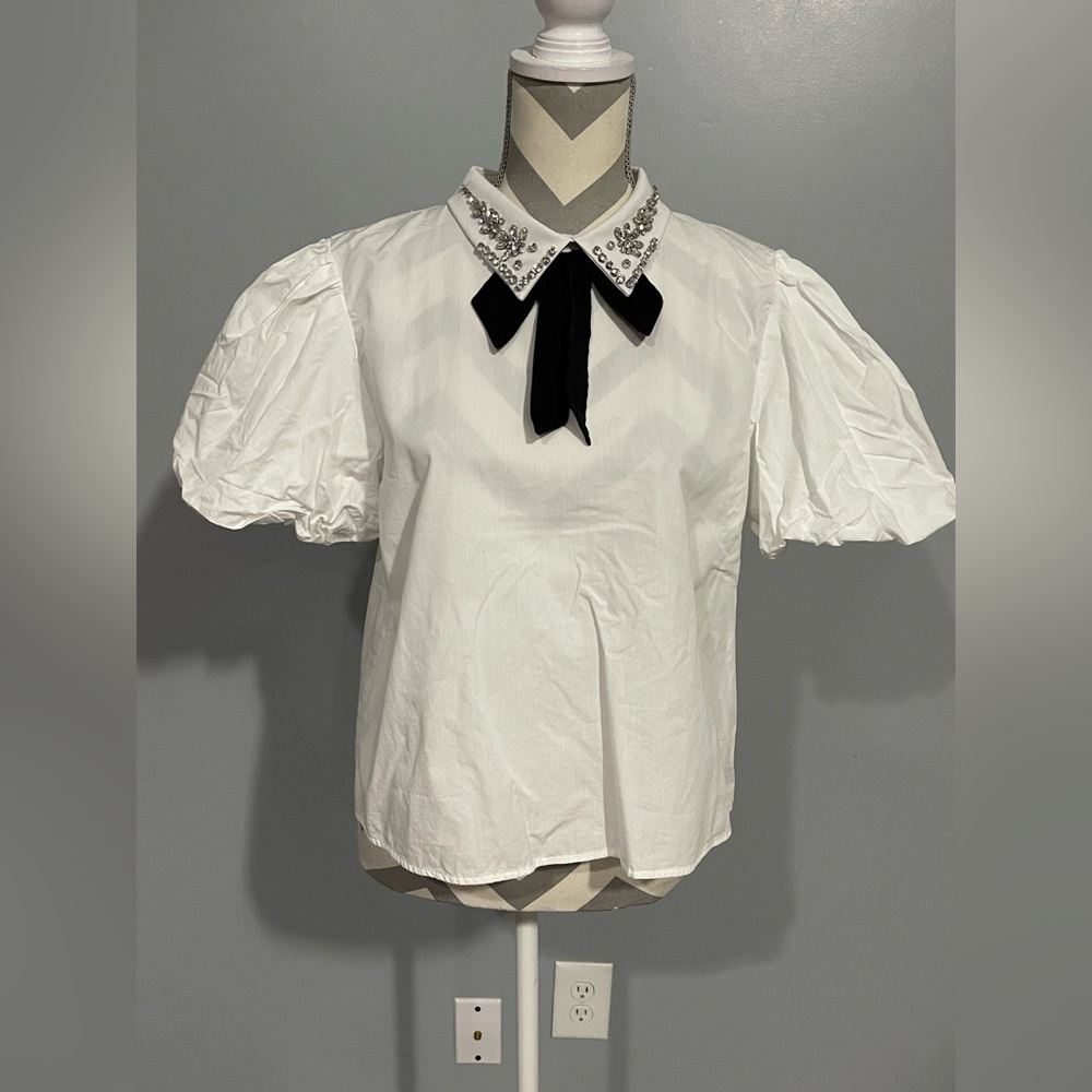Zara Elegant White Puff Sleeve Top with Embellished Collar